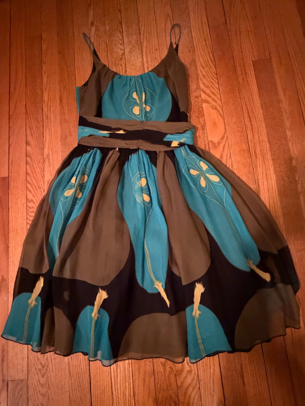 Anna Sui beautiful Teal, Black, brown silk Floral Midi Dress - Picture 3 of 5